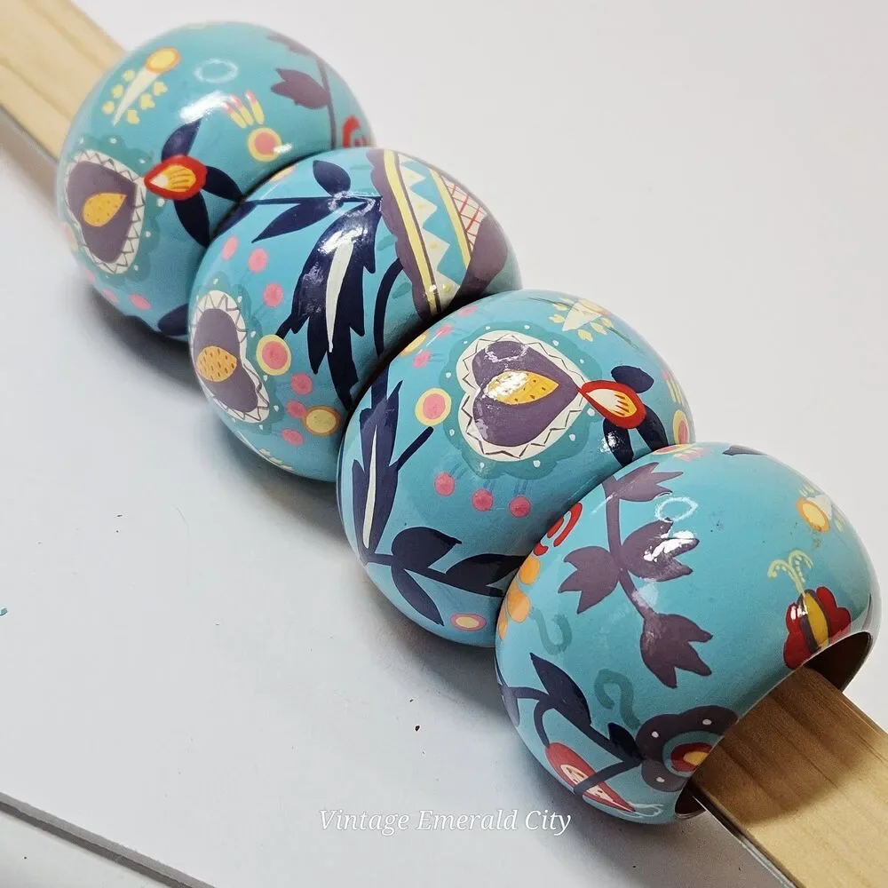 Vtg Set of 4 Wooden Hand Painted Bohemian blue/teal Floral Napkin Rings Spring